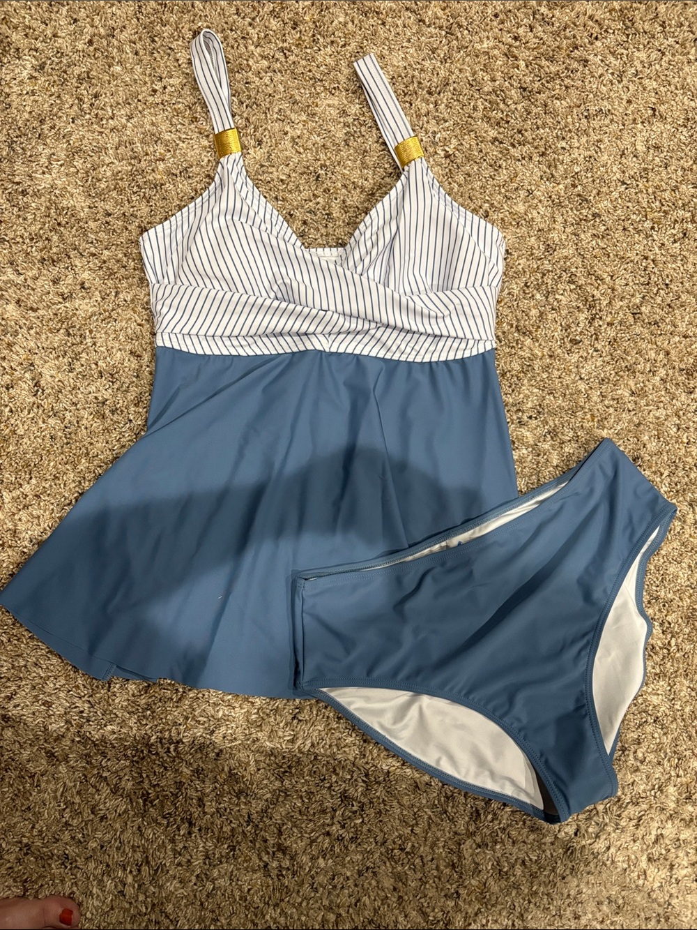 Striped Blue Two-Piece Tankini Swim Set - Blue/White